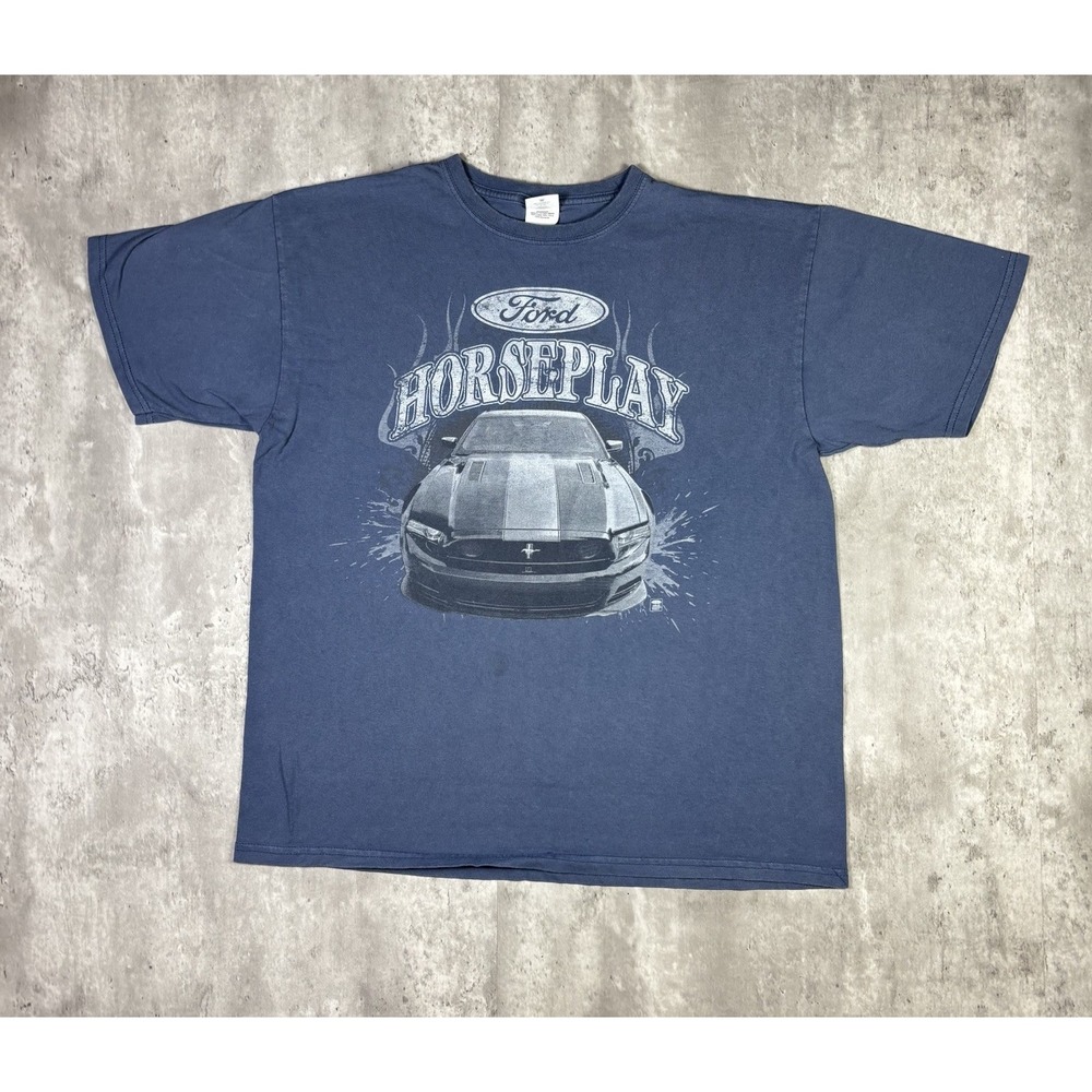 Vintage Ford Mustang T Shirt Car Promo Art Horseplay Blue Mens XL 2000s Anvil